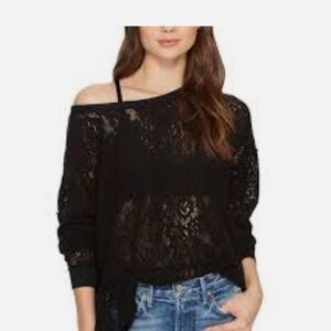 Free People XS Black Lace Laser Cut Sweater Top Oversize Peplum Drop Shoulder